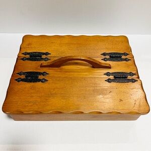 Vintage Farmhouse Wood Sewing Storage Box With Handle
